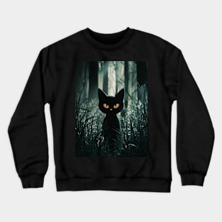 Black cat in dark forest Crewneck Sweatshirt